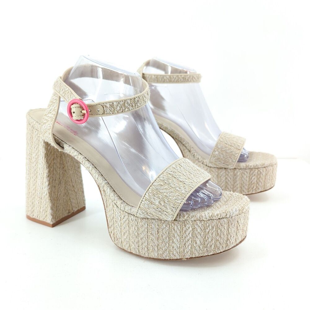 LARROUDE Women 11 Dolly Platform Sandals Natural Brown Raffia Square Toe NEW
